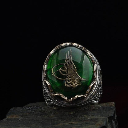 Green Amber Ring 925 Sterling Silver Personalized OttomanSeal Men