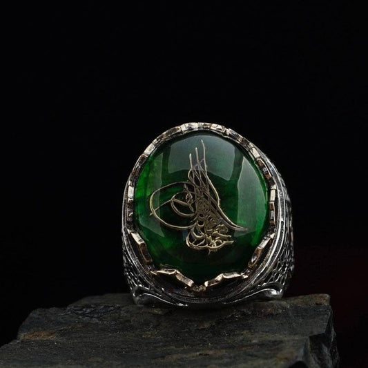 Green Amber Ring 925 Sterling Silver Personalized OttomanSeal Men