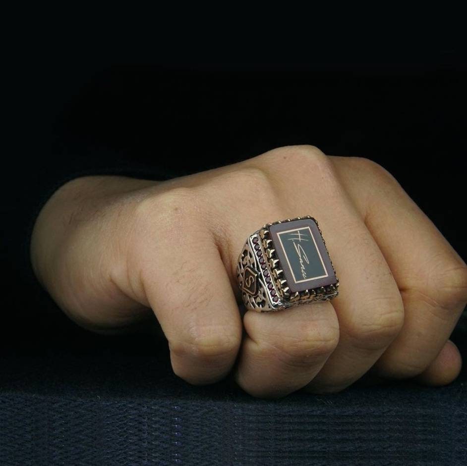 Signature Ring, Your Signature on Fire Amber, Onyx Accents – view 3