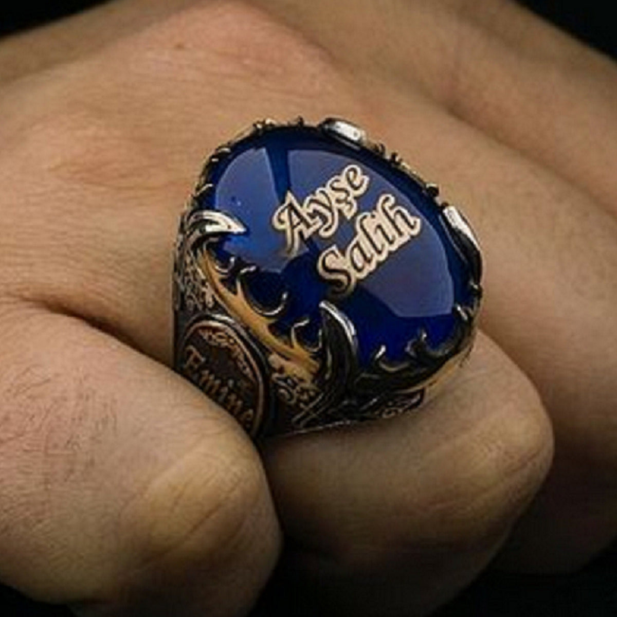 Sword & Crescent Ring, Blue Amber, Custom Name – view 4
