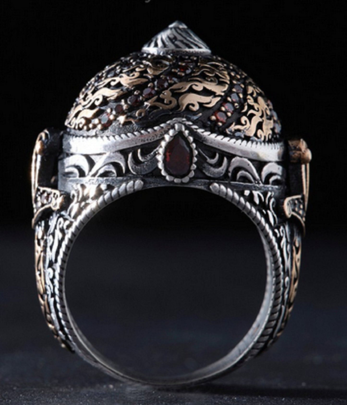 Red Zircon Ring 925 Silver Ottoman Helmet Handmade Men