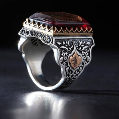 Red Amber Rectangle Ring 925 Sterling Silver OttomanHandmade Men Personalized