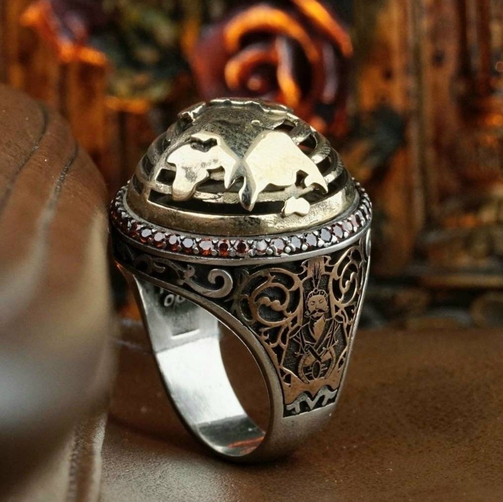Janissary Ring 925 Sterling Silver Red Zircon OttomanMen Handcrafted