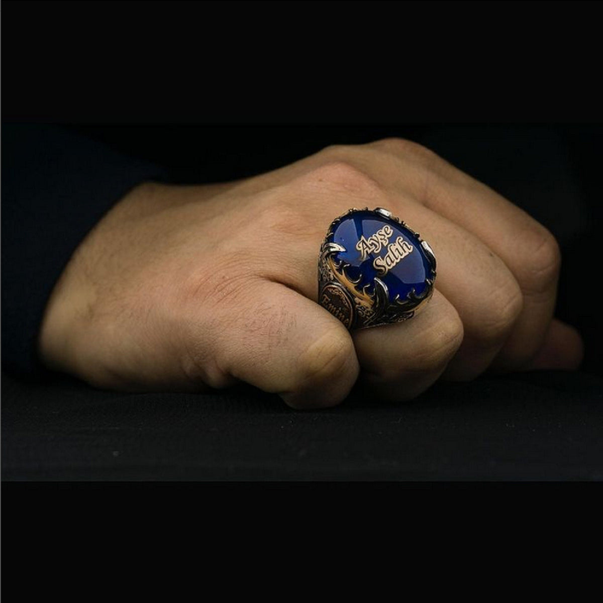 Sword & Crescent Ring, Blue Amber, Custom Name – view 2
