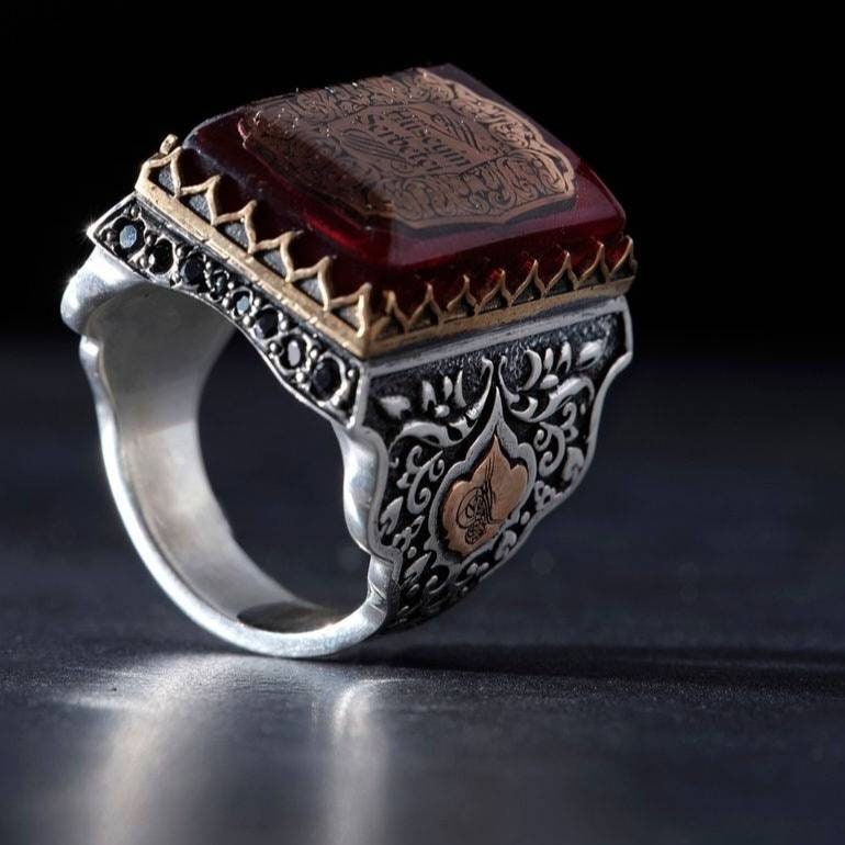 Red Amber Rectangle Ring 925 Sterling Silver OttomanHandmade Men Personalized