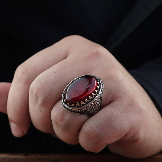 Red Amber Ring 925 Silver Garnet Ottoman Engraved Men Handmade