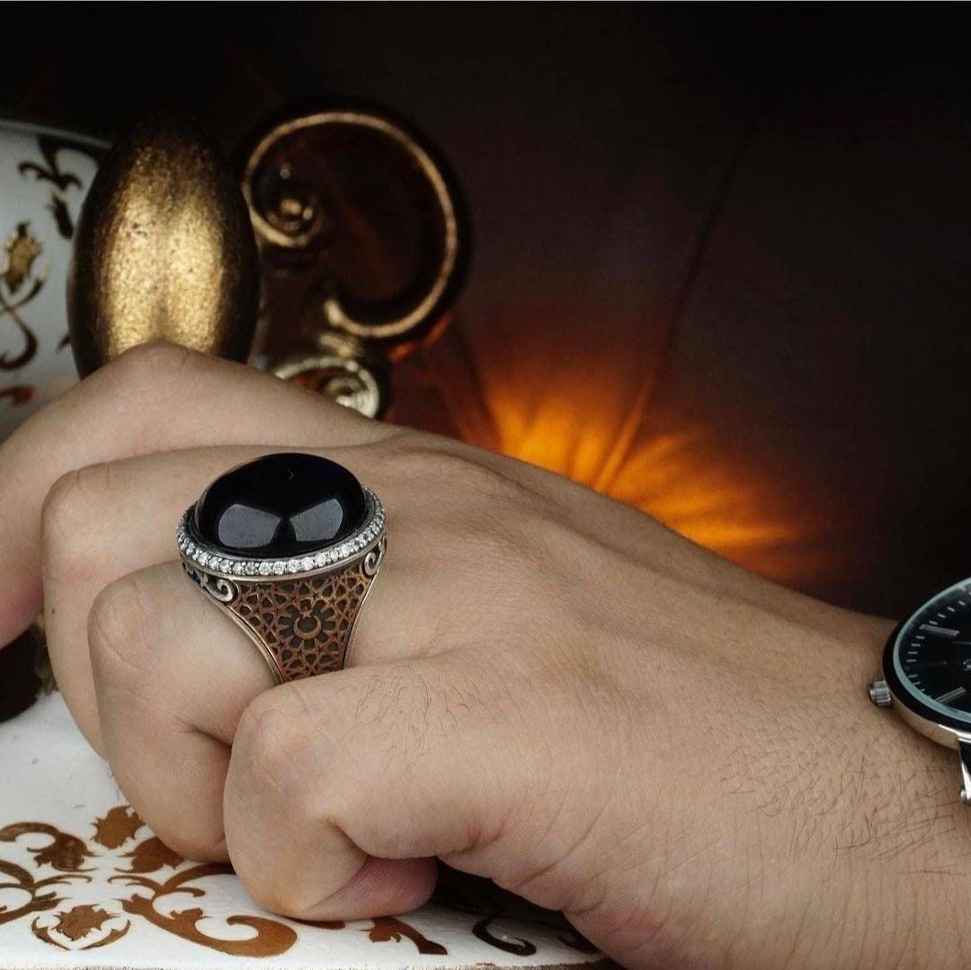 Premium Dark Blue Amber Seljuk Star 925 Silver Men's Ring