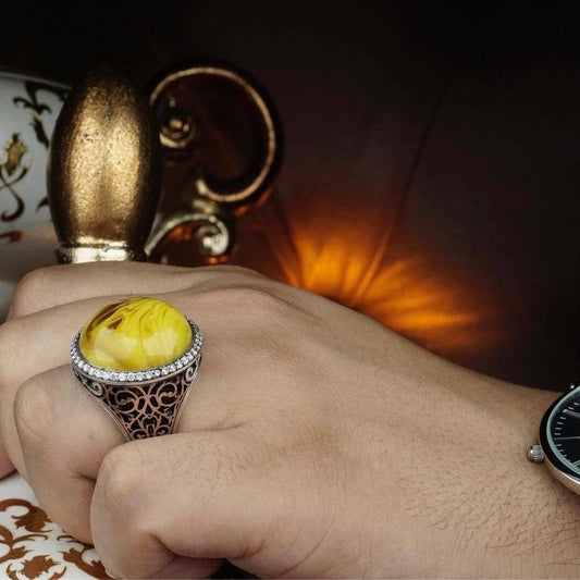 Honey amber men's ring with zircon – view 2