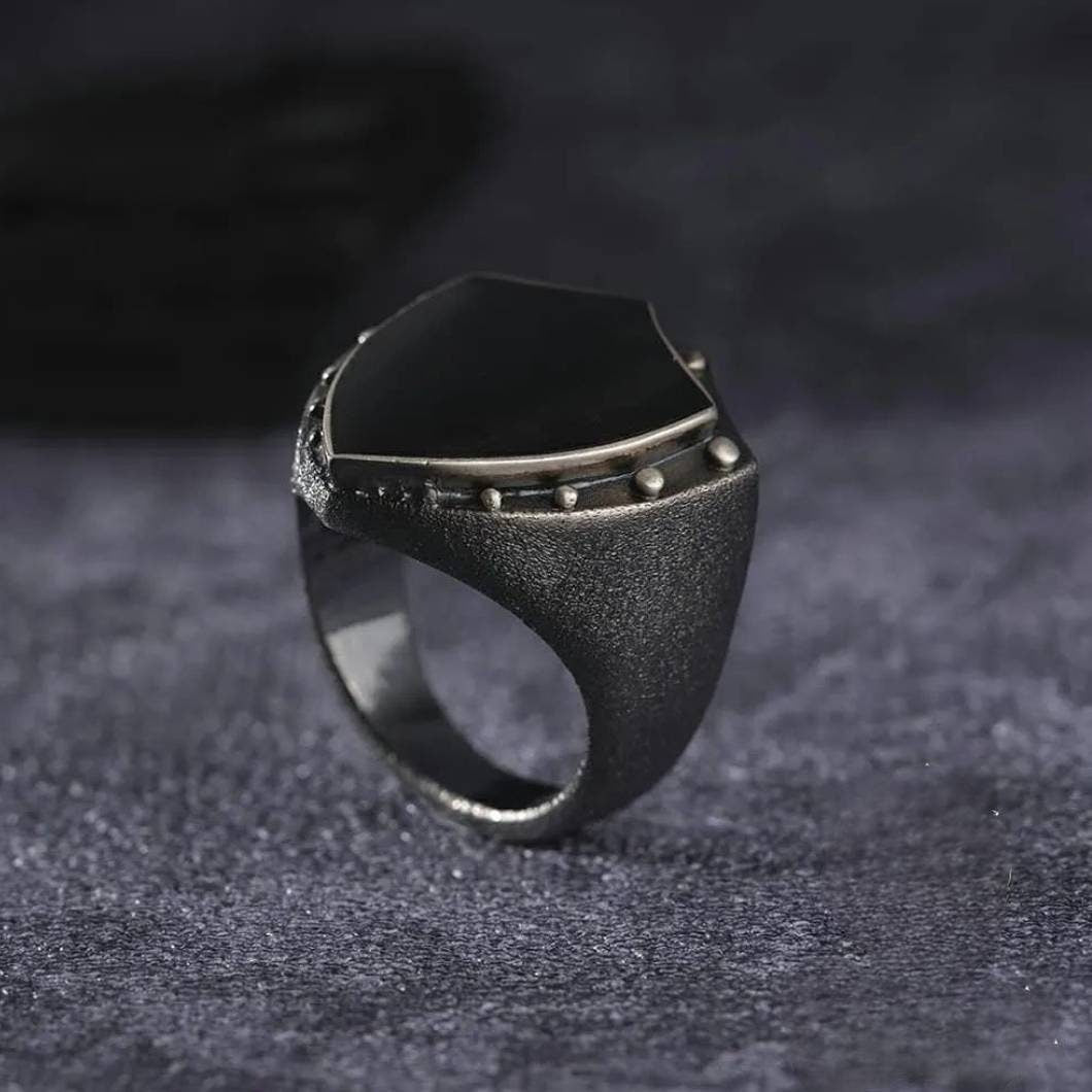 Shield men's ring with micro onyx stones – view 3