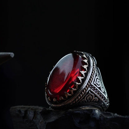 Handgefertigter Herrenring aus Sterlingsilber mit rotem Bernstein und Klammerverschluss – verstellbarer osmanischer Schmuck