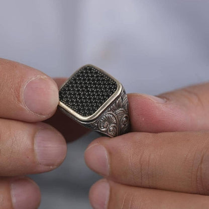 Square Zircon Ring 925 Sterling Silver Micron Stone OttomanHandmade Men