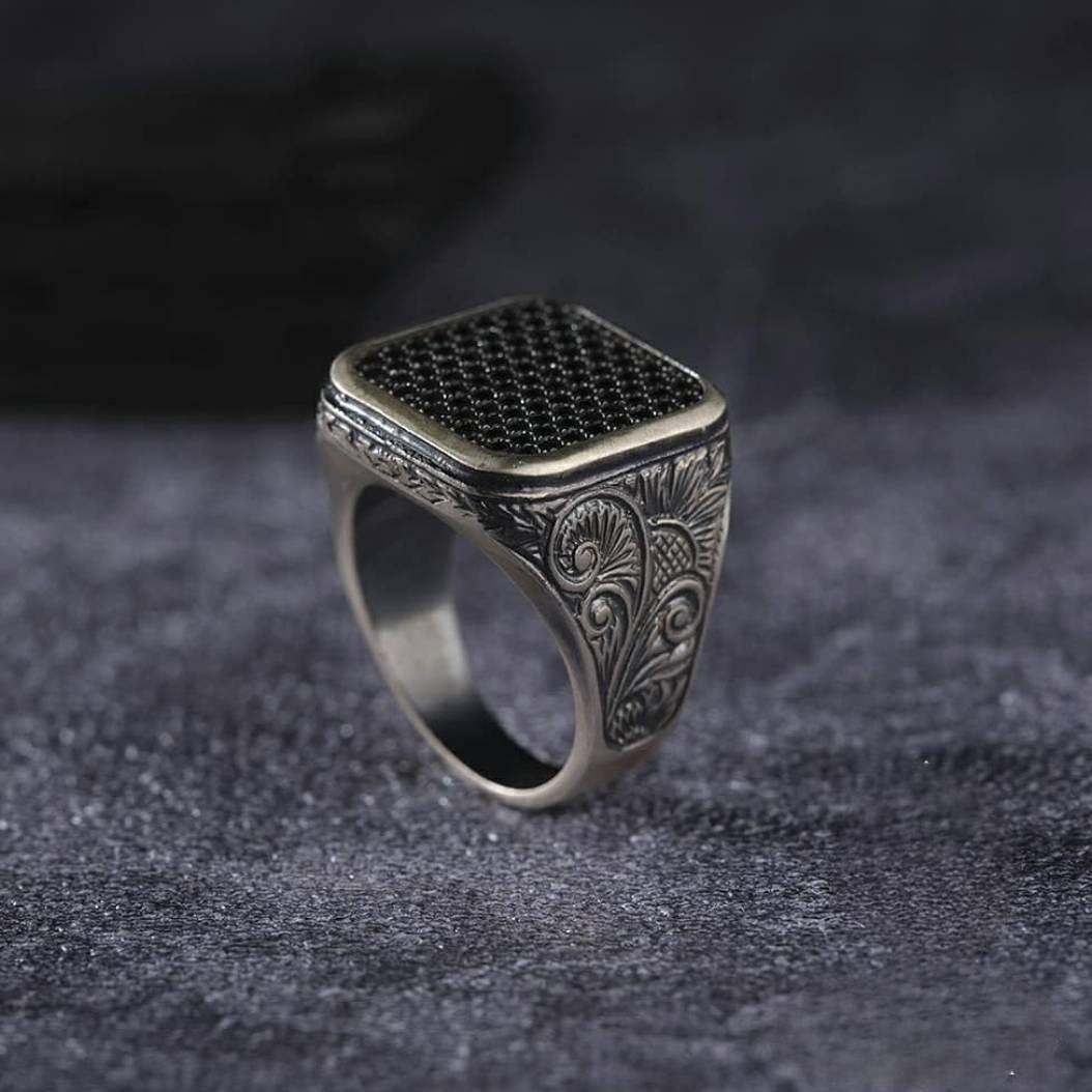 Square Zircon Ring 925 Sterling Silver Micron Stone OttomanHandmade Men