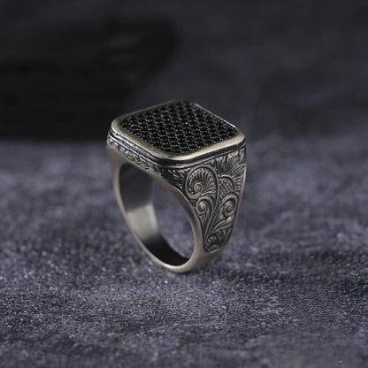 Square Zircon Ring 925 Sterling Silver Micron Stone OttomanHandmade Men
