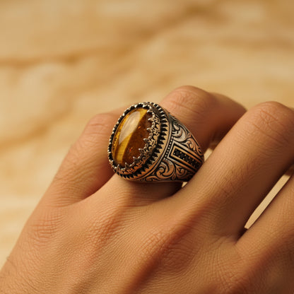 Bold Tiger Eye Statement Ring for Men – Adjustable 925 Sterling Silver Ring