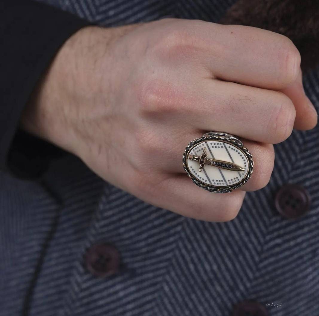 Sword men's ring with white pearl stone – view 2