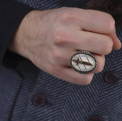 Sword men's ring with white pearl stone – view 2