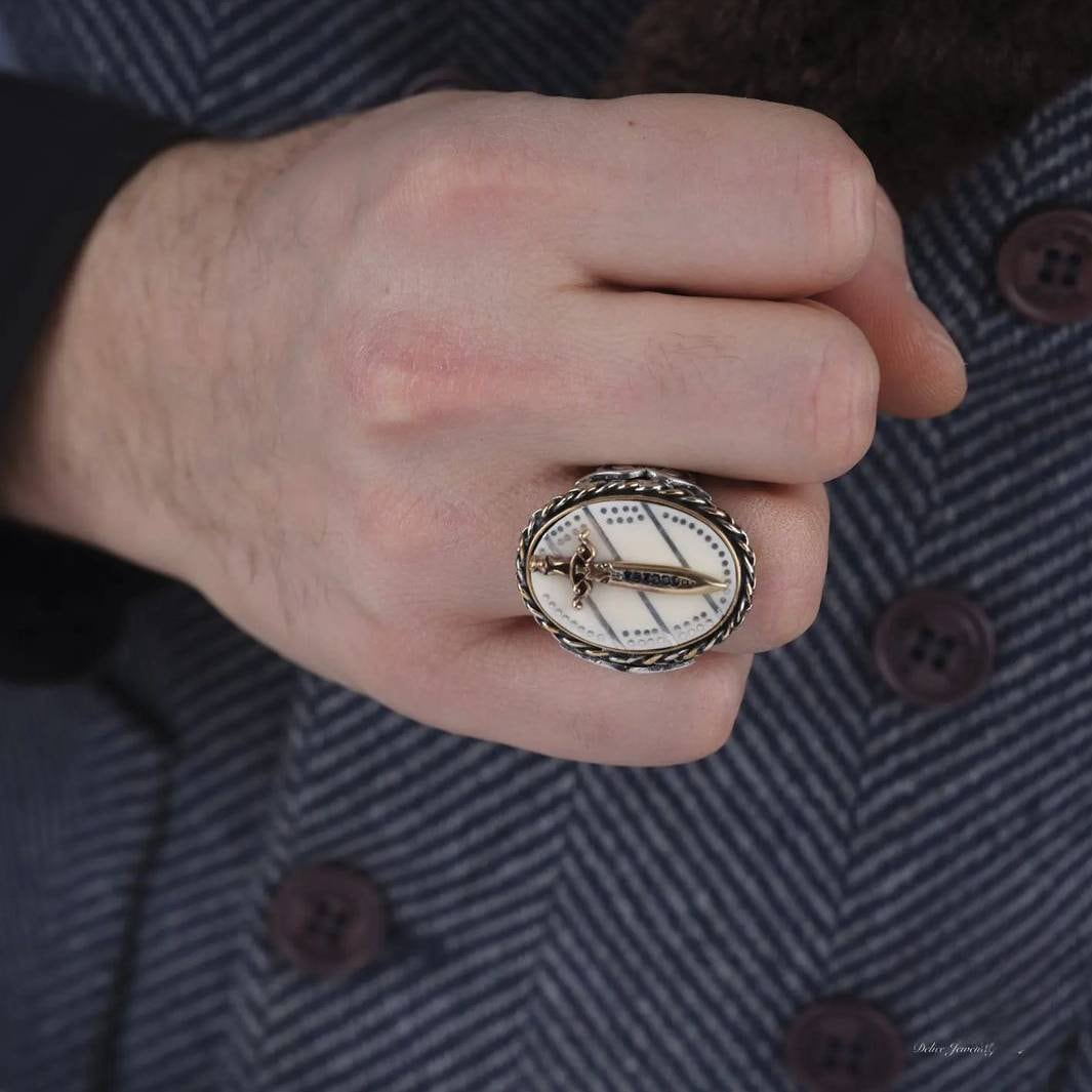 Sword men's ring with white pearl stone – view 4