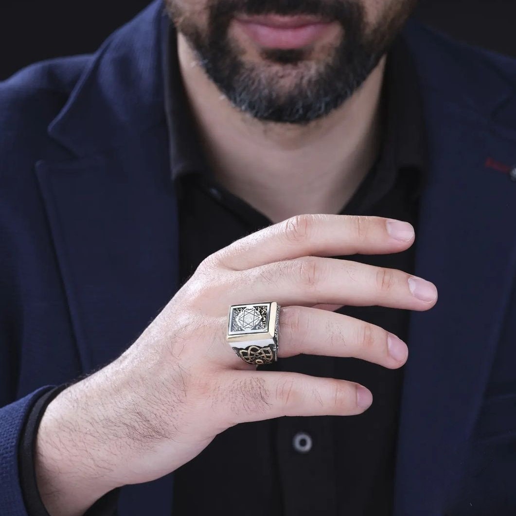 Ring mit Salomonssiegel aus 925er Silber: Handgefertigter Herren-Talisman-Schmuck