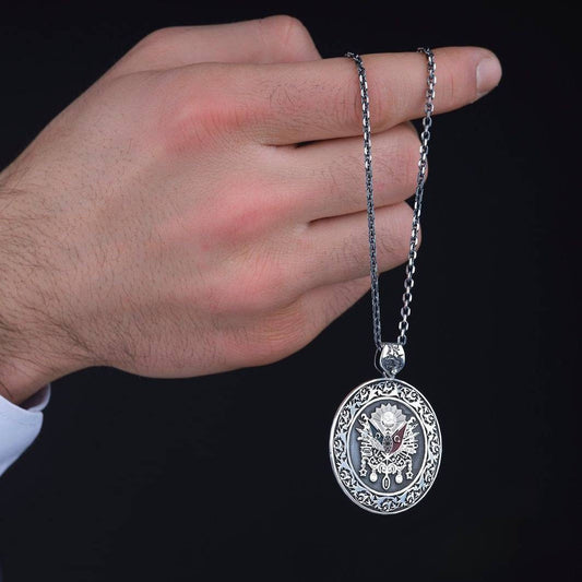 OttomanFlag 925 Sterling Silver Medallion Necklace Engraved Pendant Men's