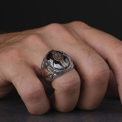 Osmanischer Ring aus schwarzem Onyx: Handgefertigt aus 925er Silber, verstellbar, Geschenkidee für Herren