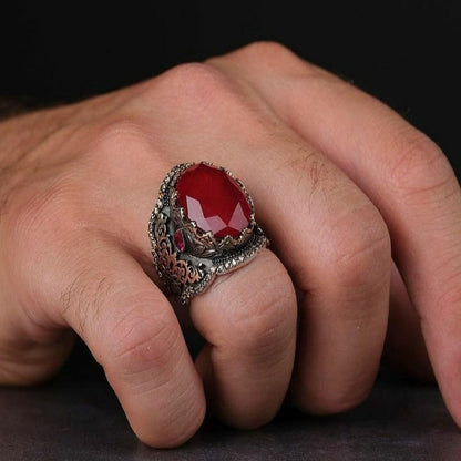 Handmade Silver Unisex Ring Tourmaline - Red Stone