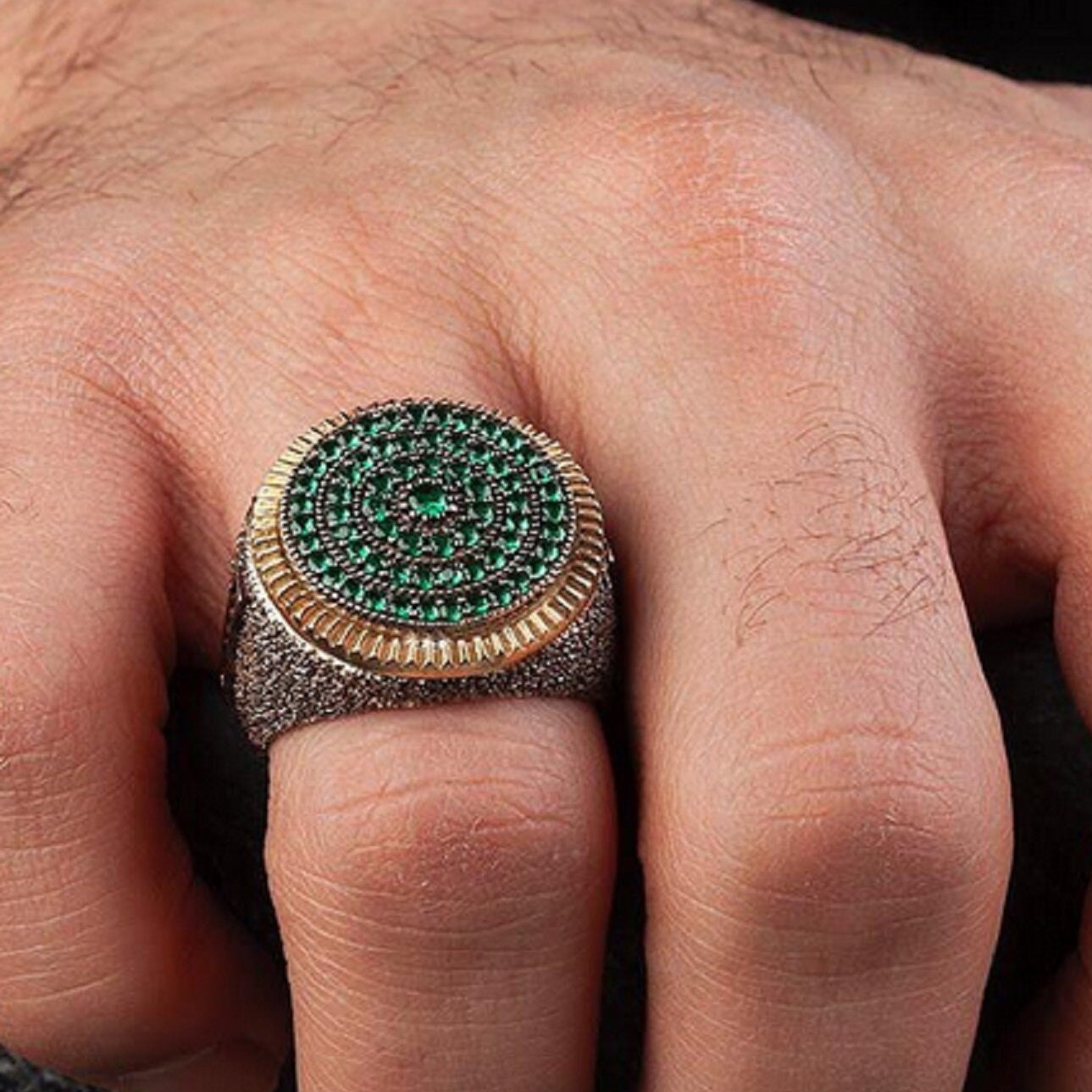 Green Stone Ring – Sandblasted 925 Silver | Minimalist Men's Ring