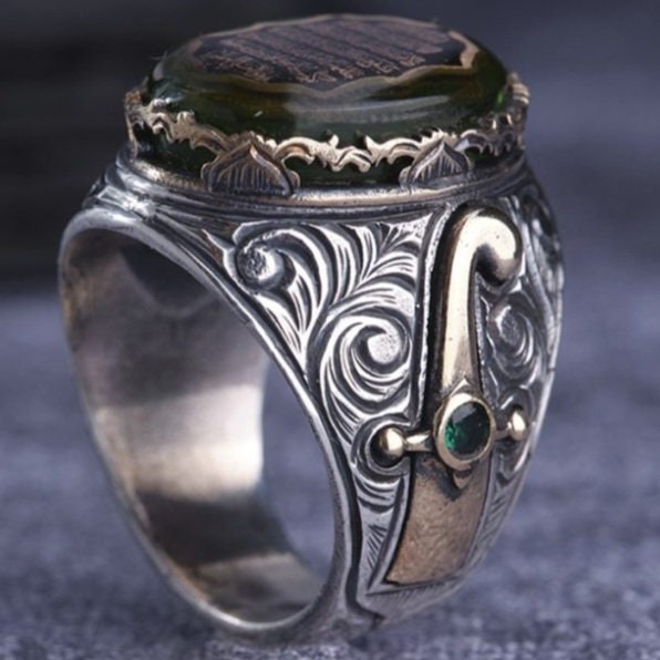 Green Amber Ayatul Kursi Ring 925 Silver Islamic Handmade