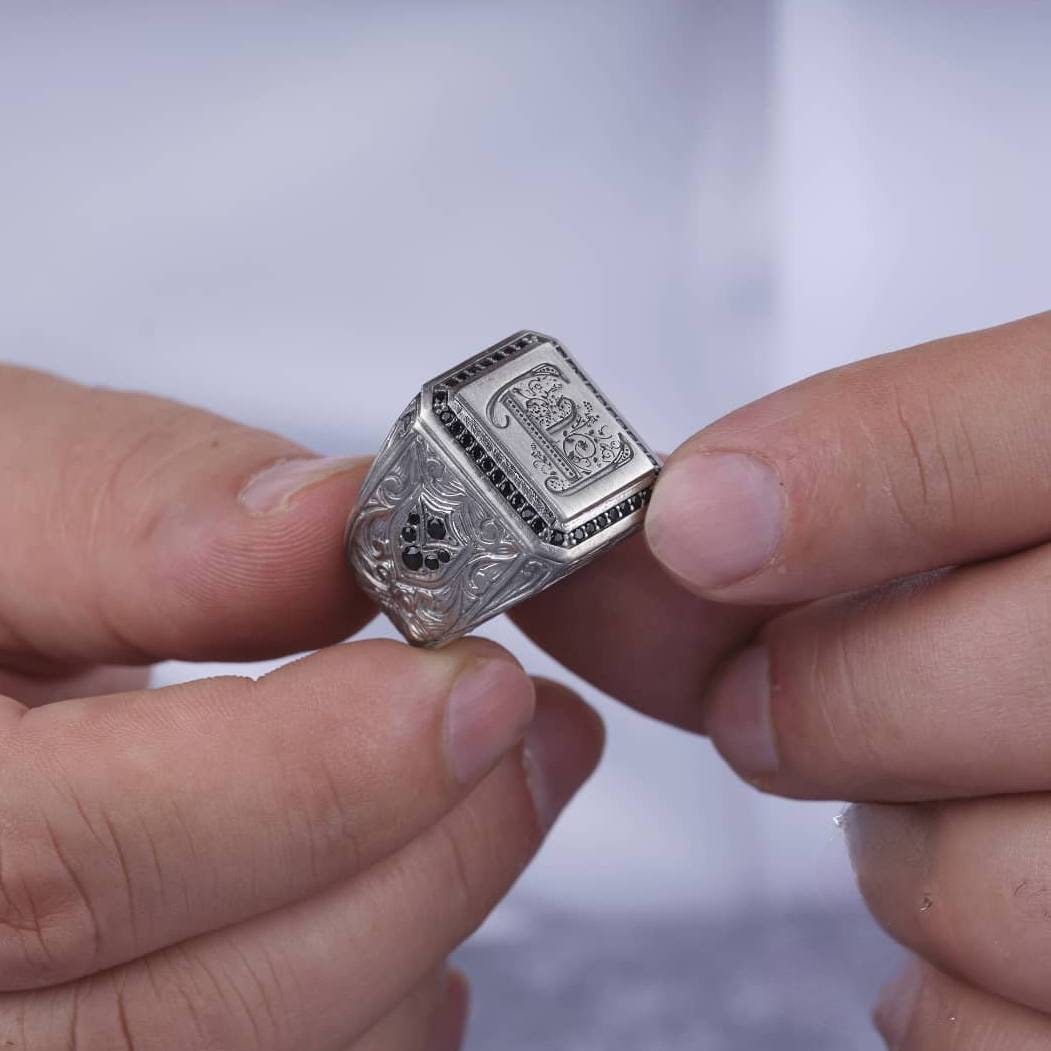 Letter men's ring with black zircon – view 3