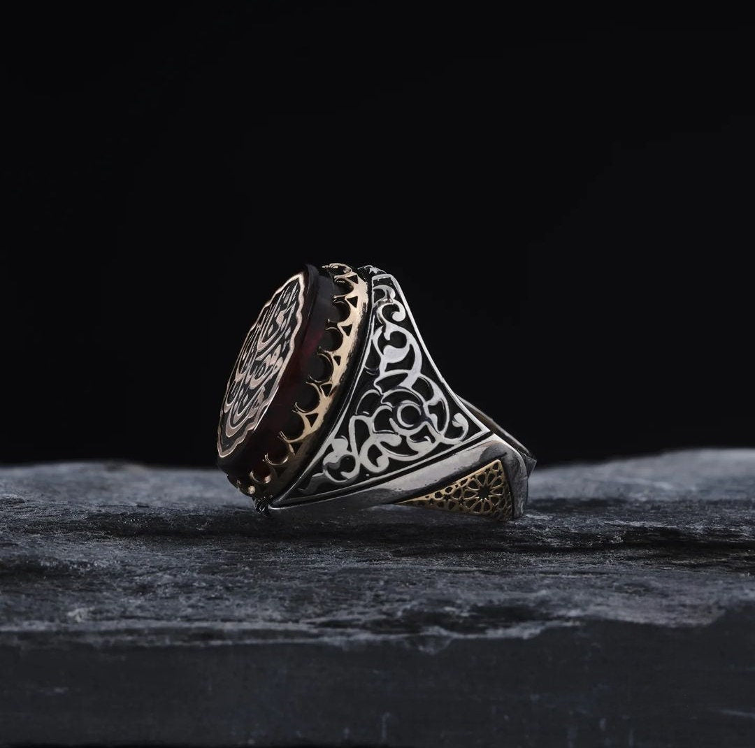 Red Amber Stone Ring 925 Sterling Silver Arabic Calligraphy