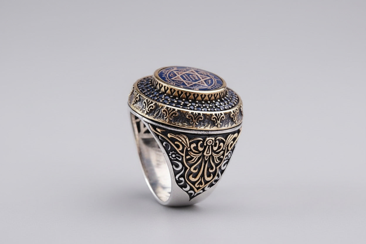 Blue Amber Kabbalistic Seal of Solomon Ring