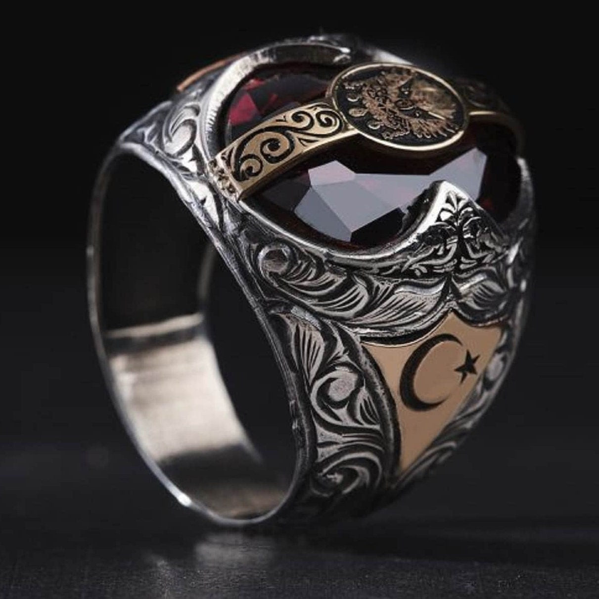Osmanischer Tughra-Ring: Schwarzer Onyx, 925er Sterlingsilber, Türkisch-Islamischer Schmuck