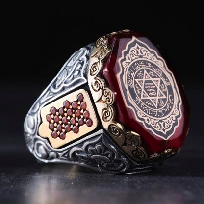 Seal of Solomon Ring – Red Amber Stone 925 Sterling Silver