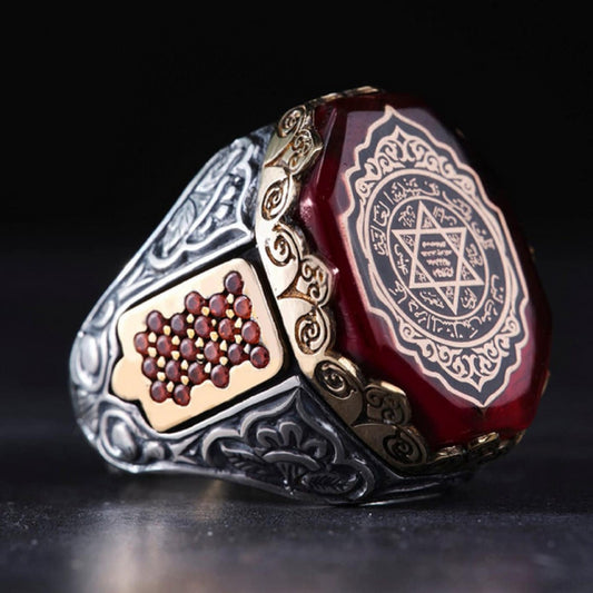 Seal of Solomon Ring – Red Amber Stone 925 Sterling Silver