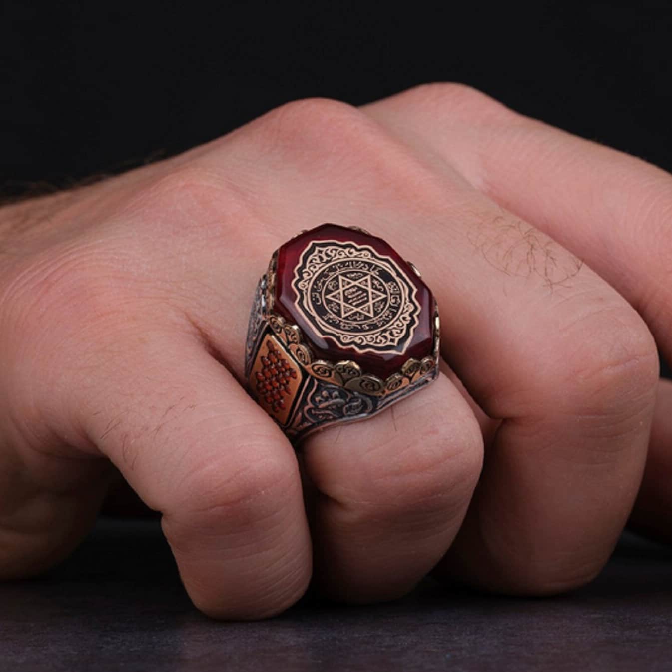 Seal of Solomon Ring – Red Amber Stone 925 Sterling Silver