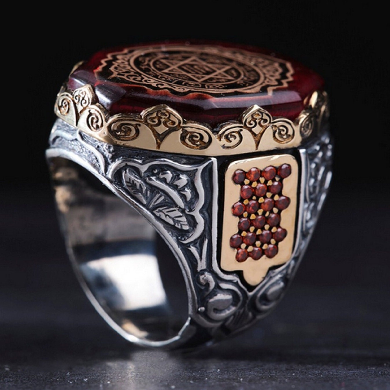 Seal of Solomon Ring – Red Amber Stone 925 Sterling Silver