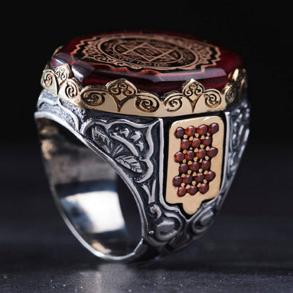 Seal of Solomon Ring – Red Amber Stone 925 Sterling Silver