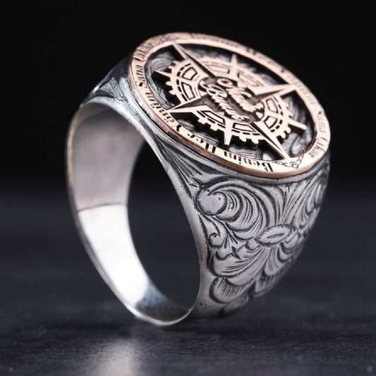 Compass Map Ring 925 Silver Personalized Ottoman Men Handmade