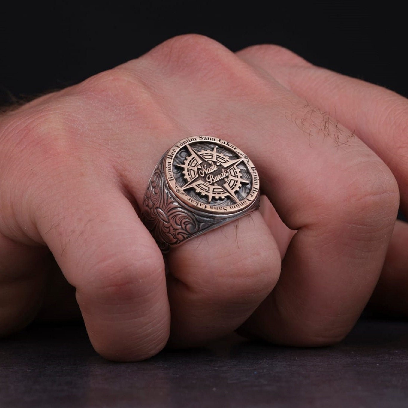 Compass Map Ring 925 Silver Personalized Ottoman Men Handmade