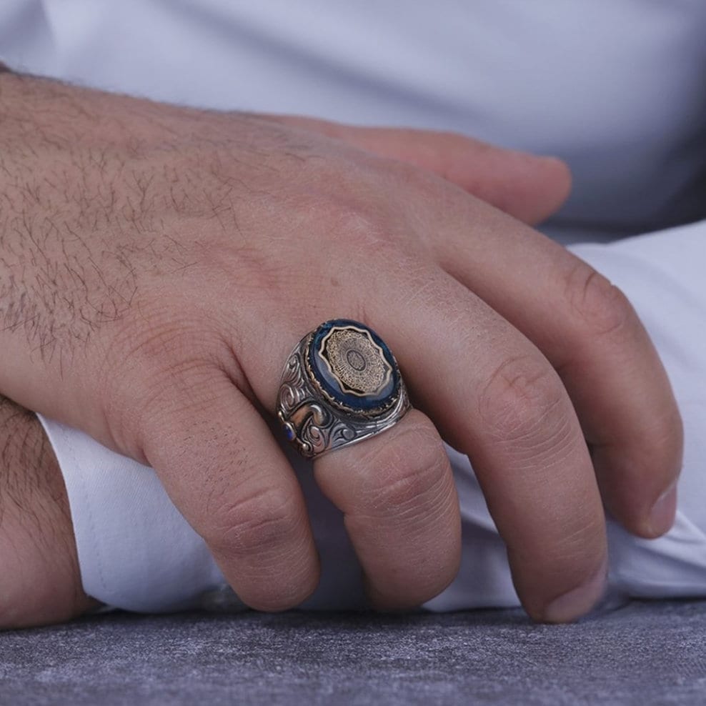 Surah Inshirah Ring 925 Silver Blue Amber Sword Handmade Men