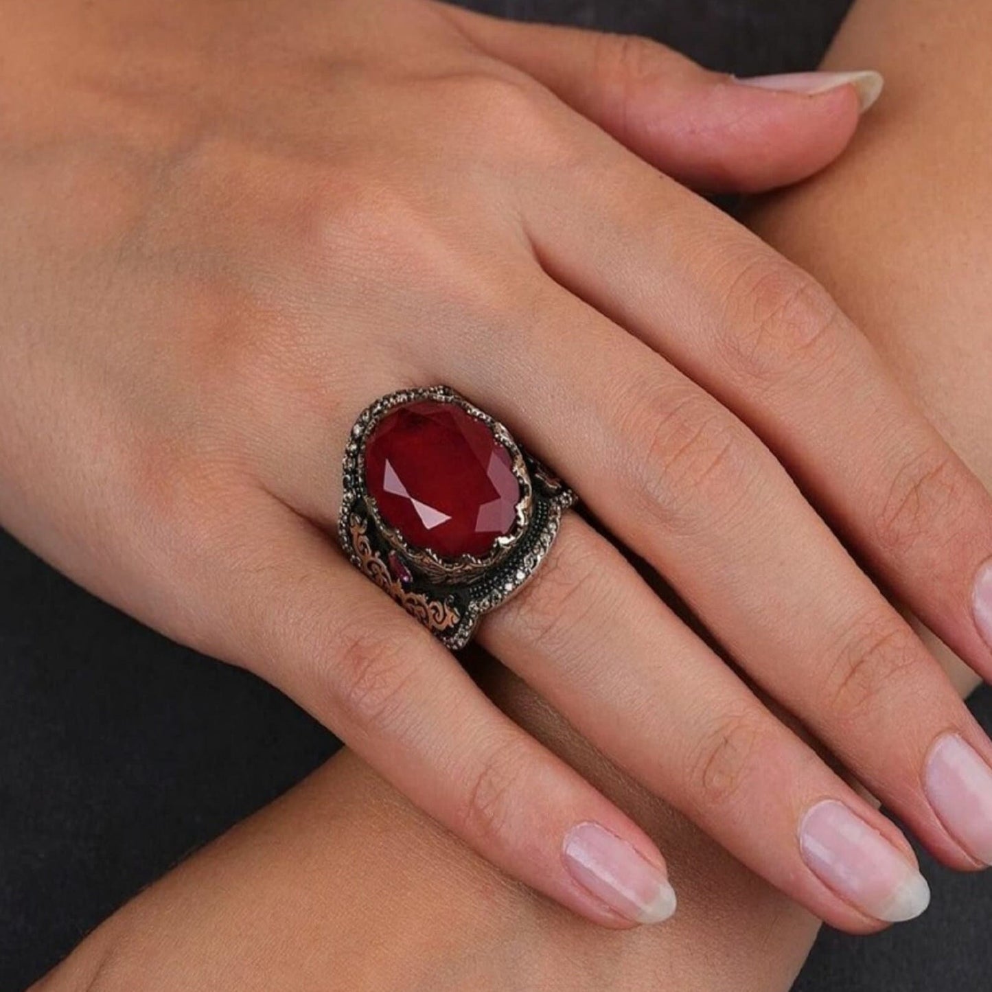 Handmade Silver Unisex Ring Tourmaline - Red Stone