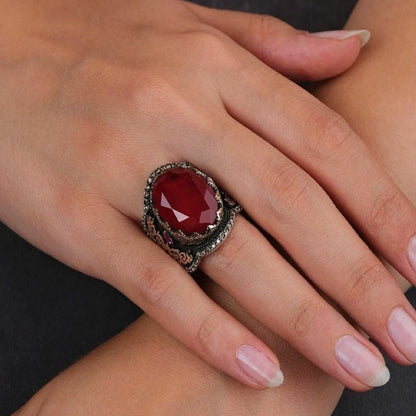 Handmade Silver Unisex Ring Tourmaline - Red Stone