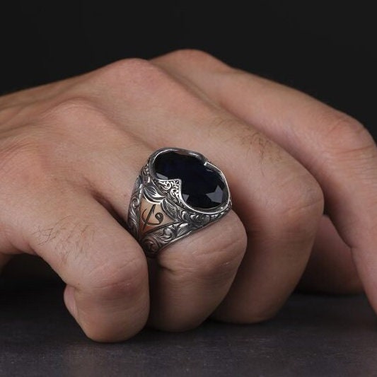 Black Stone Mens Ring 925 Silver Ravur Texture Customizable