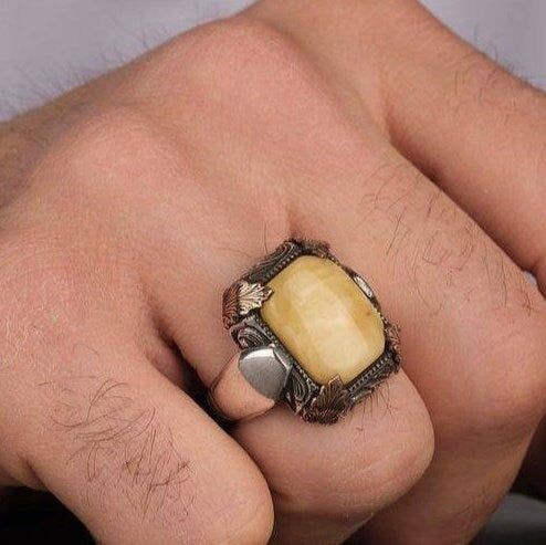 Yellow Amber Ring 925 Silver Drop Stone Handmade Men Statement
