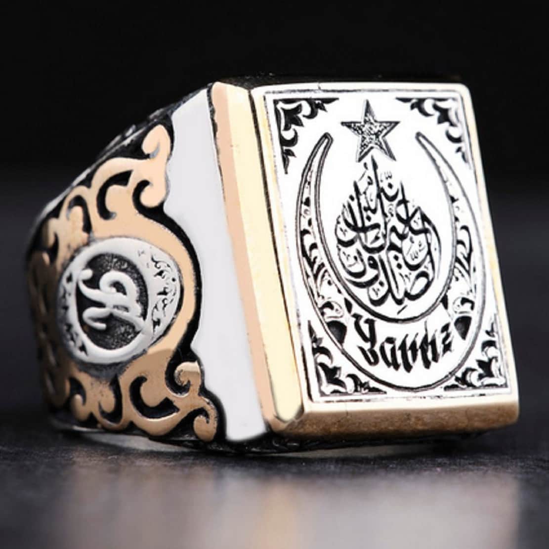 Bedeutungsvolles Geschenk – Herrenring aus 925er Sterlingsilber mit geschriebenem Halbmond und Sure Mulk