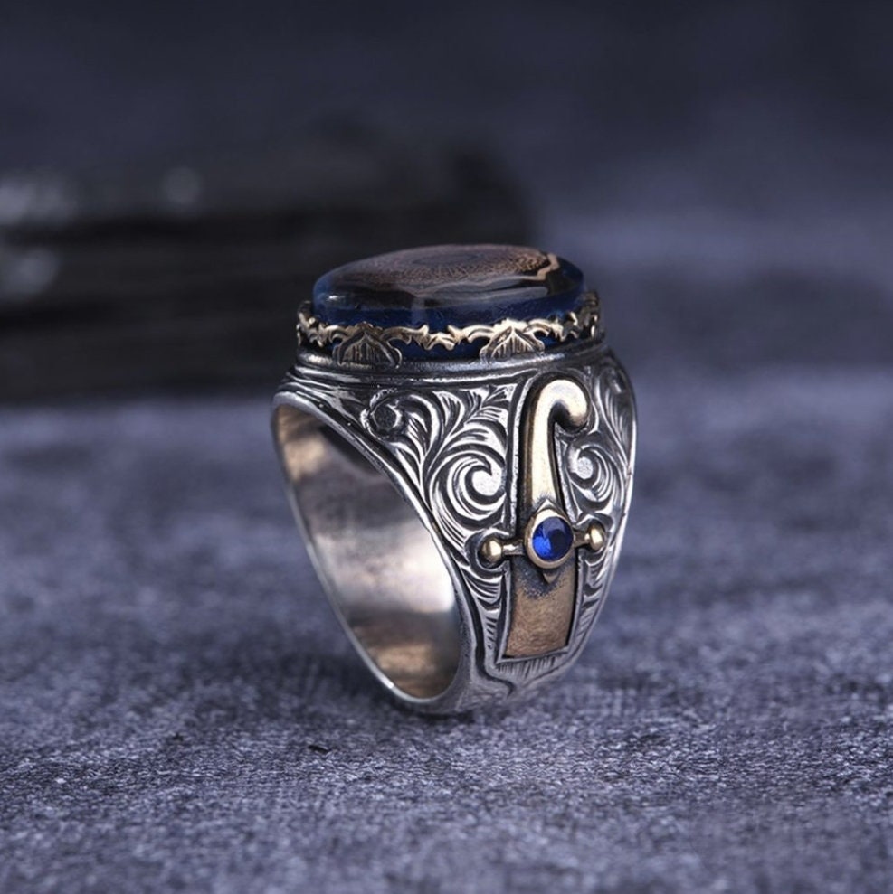 Surah Inshirah Ring 925 Silver Blue Amber Sword Handmade Men