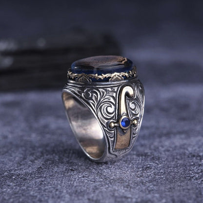 Surah Inshirah Ring 925 Silver Blue Amber Sword Handmade Men