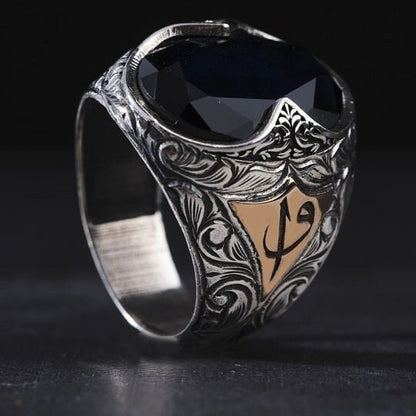 Black Stone Mens Ring 925 Silver Ravur Texture Customizable