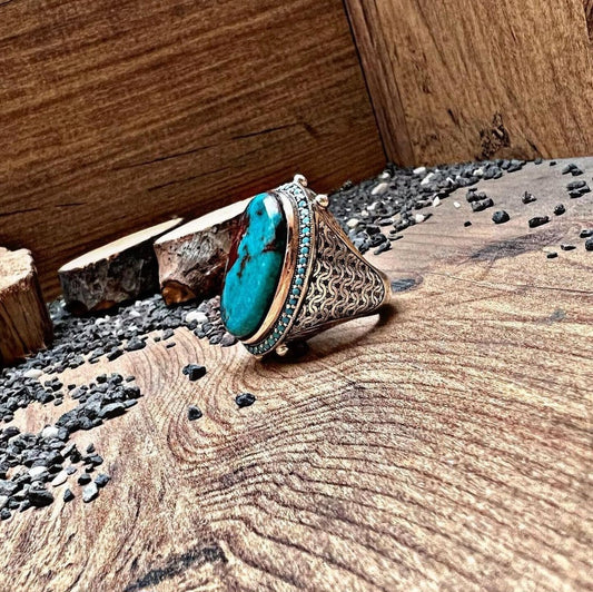 Oval Turquoise Ring 925 Silver Ottoman Jewelry