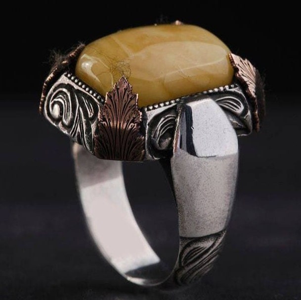 Yellow Amber Ring 925 Silver Drop Stone Handmade Men Statement