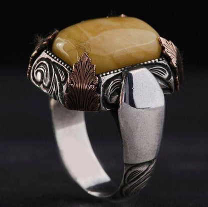 Yellow Amber Ring 925 Silver Drop Stone Handmade Men Statement